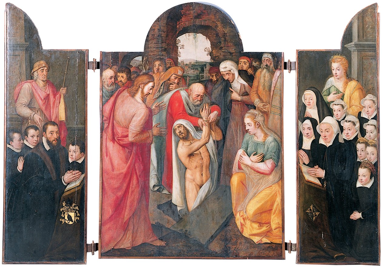 Tríptico: la resurrección de Lázaro en el compartimento central con un donante masculino arrodillado, presentado por San Jacobo y sus hijos en el ala izquierda, su esposa arrodillada, presentada por Santa Catalina y sus hijas en el ala derecha de Frans I Pourbus