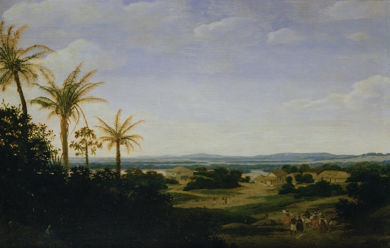 Paisaje brasileño con la residencia portuguesa, la iglesia y la Casa Granda, el río Varzea al fondo de Frans Post