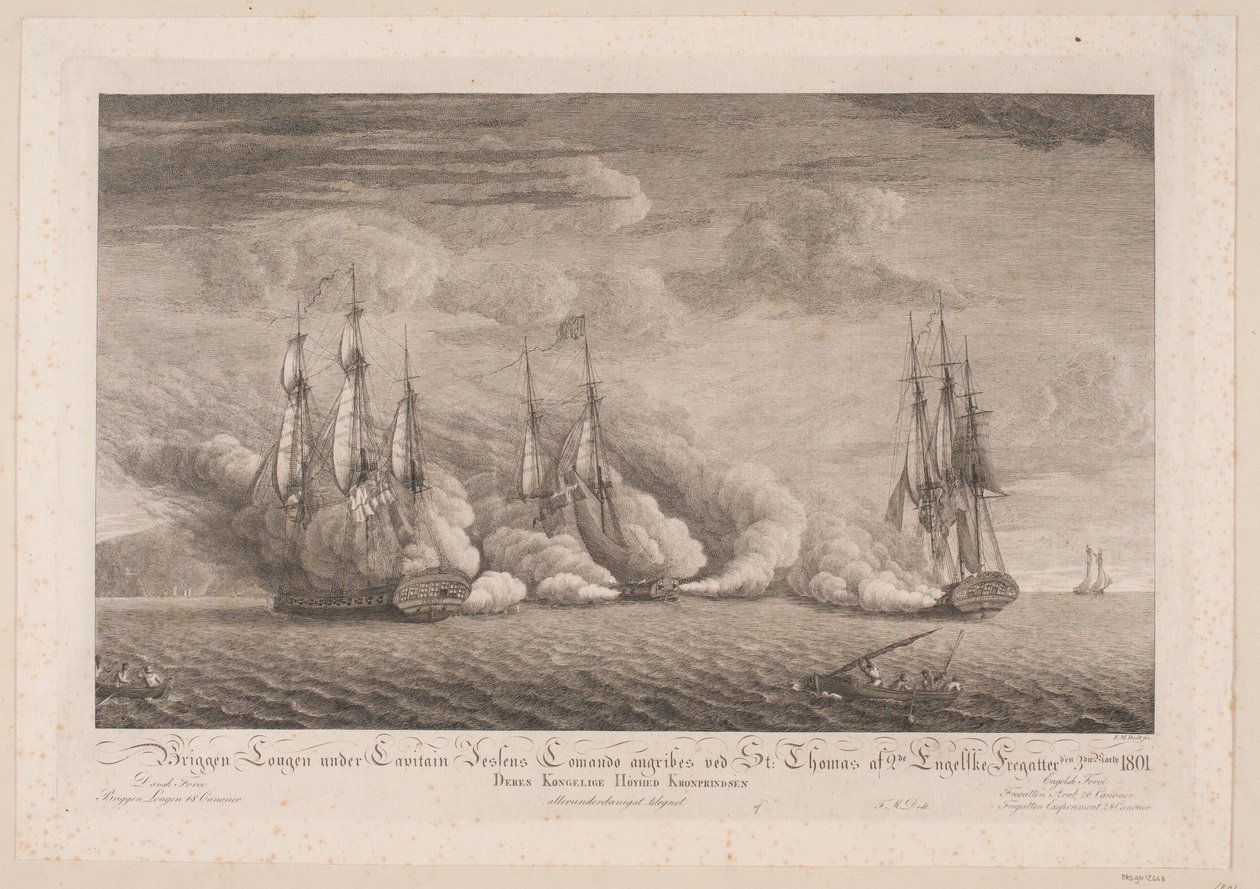La fragata Lougen atacada cerca de St. Thomas, 3 de marzo de 1801 de Frans Martin Dodt