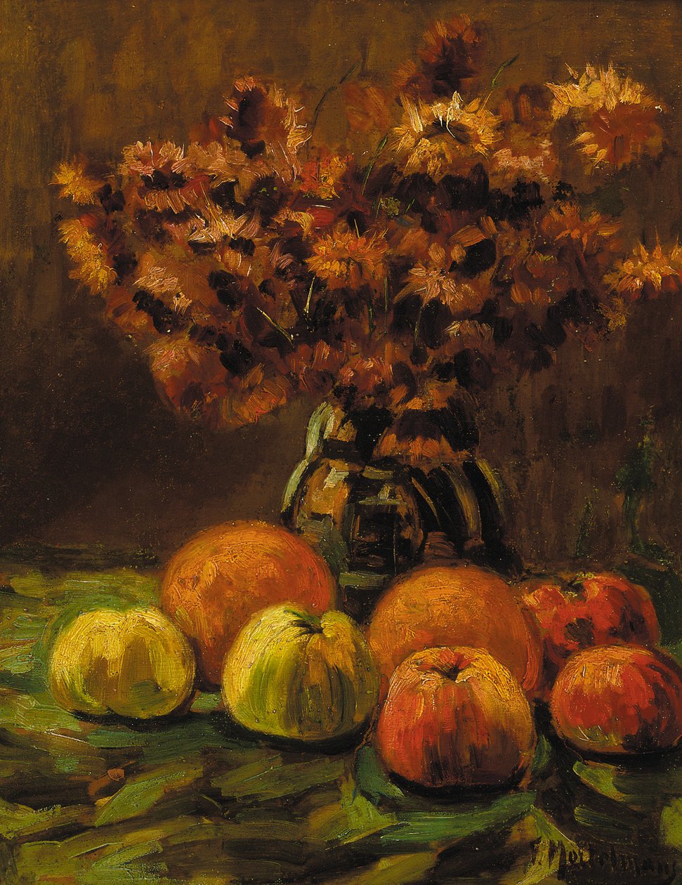 Manzanas, naranjas y un jarrón de flores en una mesa de Frans Mortelmans