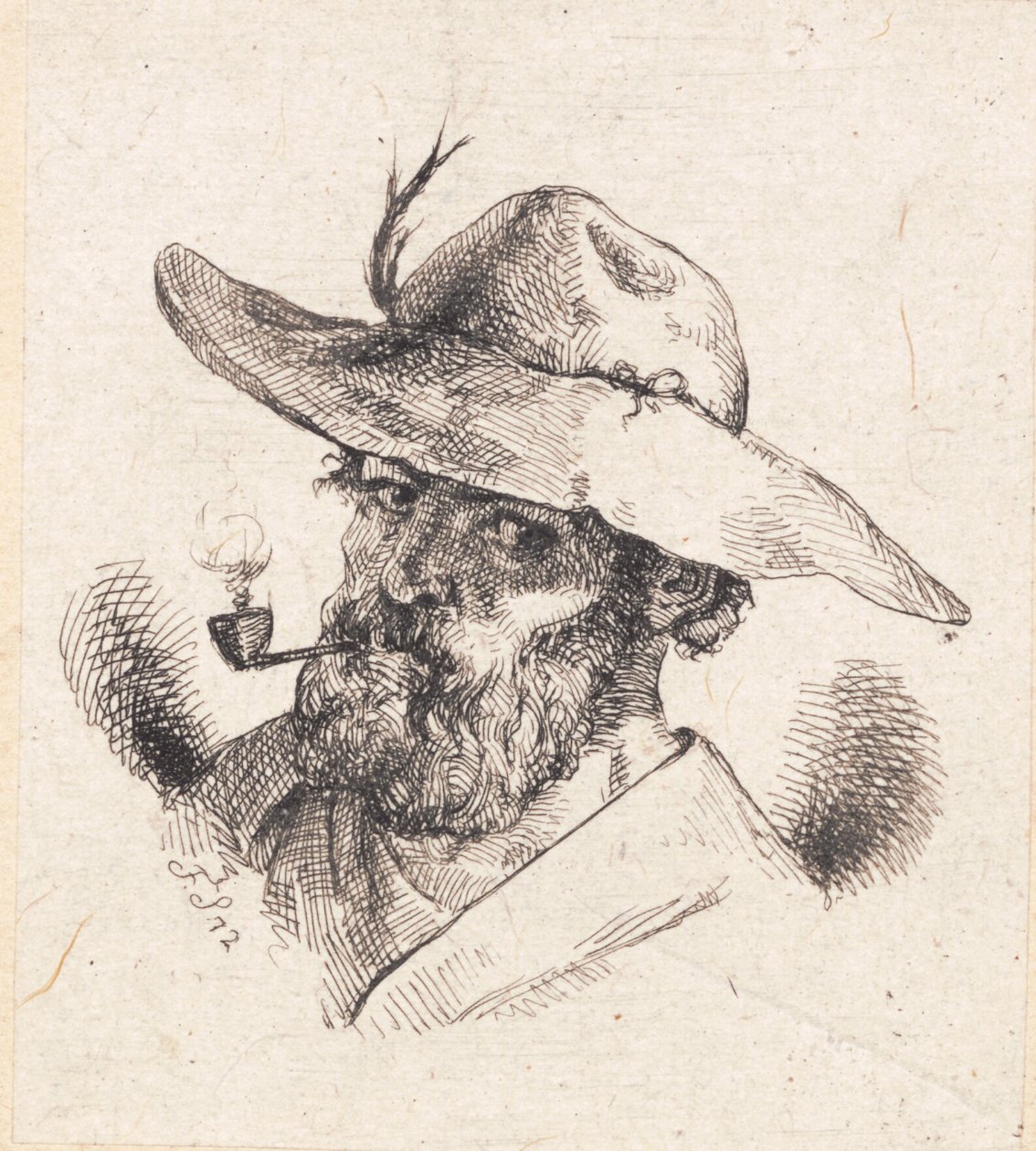 Cabeza de un hombre barbudo con sombrero de ala ancha y pipa de Frans Schwartz