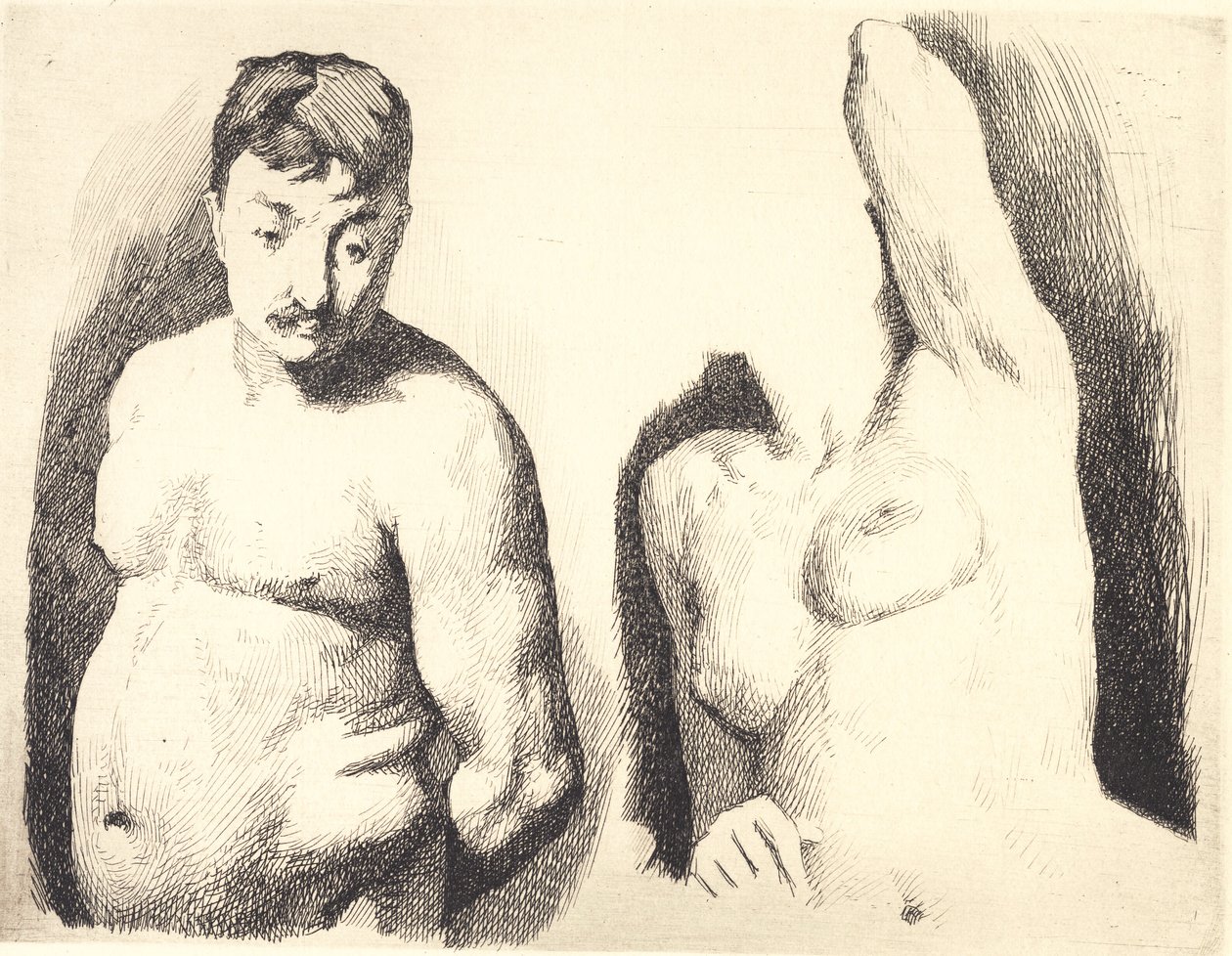 Placa de prueba con dos estudios de modelos desnudos masculinos y femeninos en medio cuerpo de Frans Schwartz