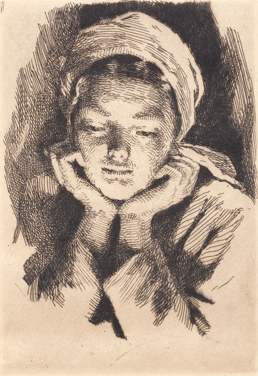 Joven mujer con gorro, de frente, apoyando la cabeza en las manos. Retrato de busto de Frans Schwartz