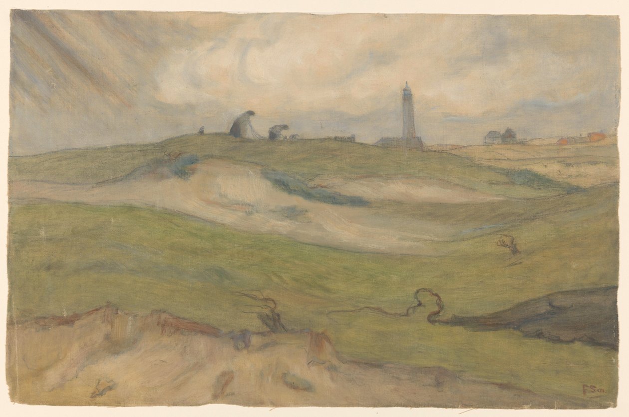 Paisaje de dunas con el faro y las redes de Frans Alexander Evert Lodewijk Smissaert
