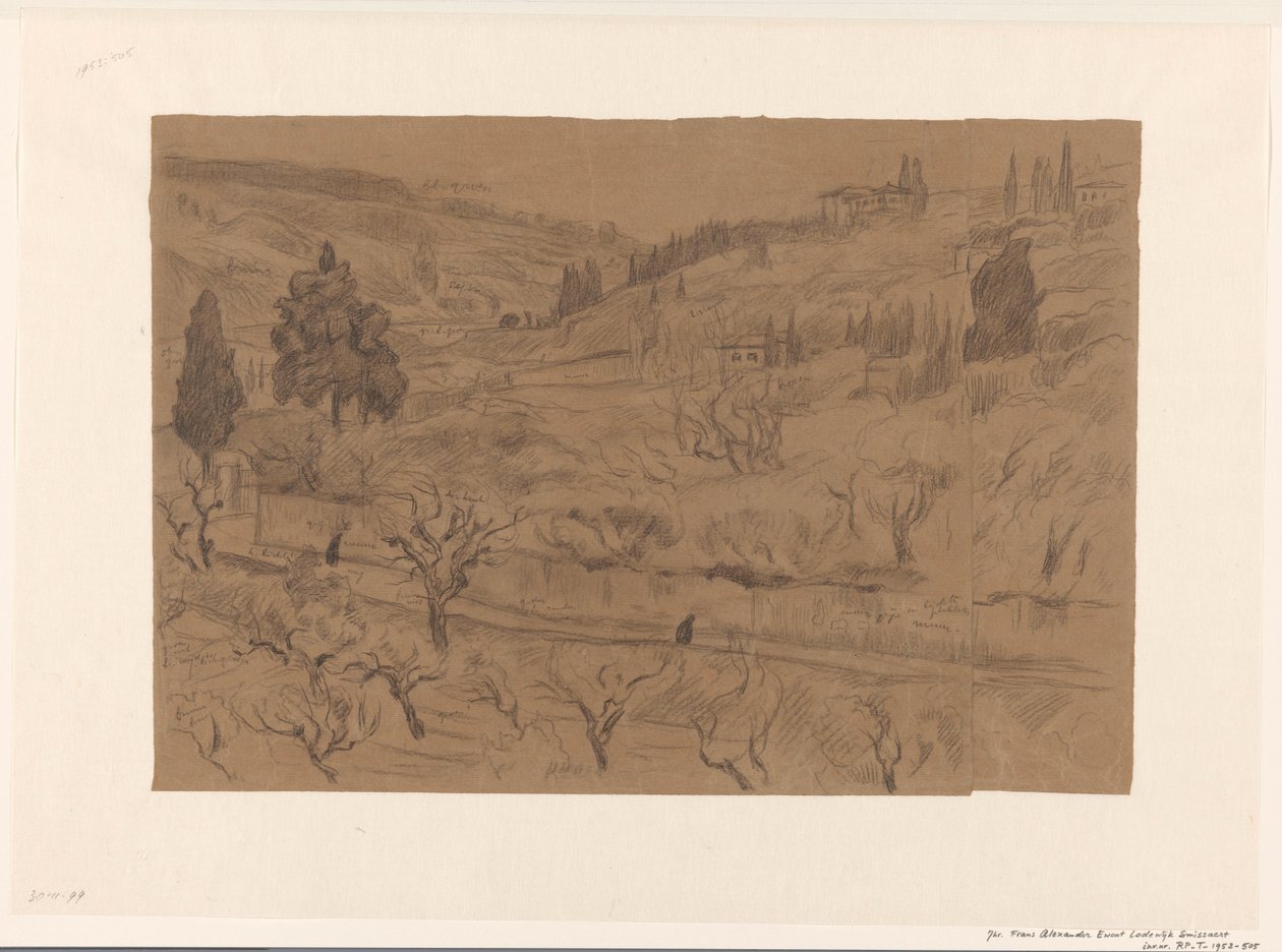 Paisaje de colinas italiano con casas y árboles de Frans Alexander Evert Lodewijk Smissaert