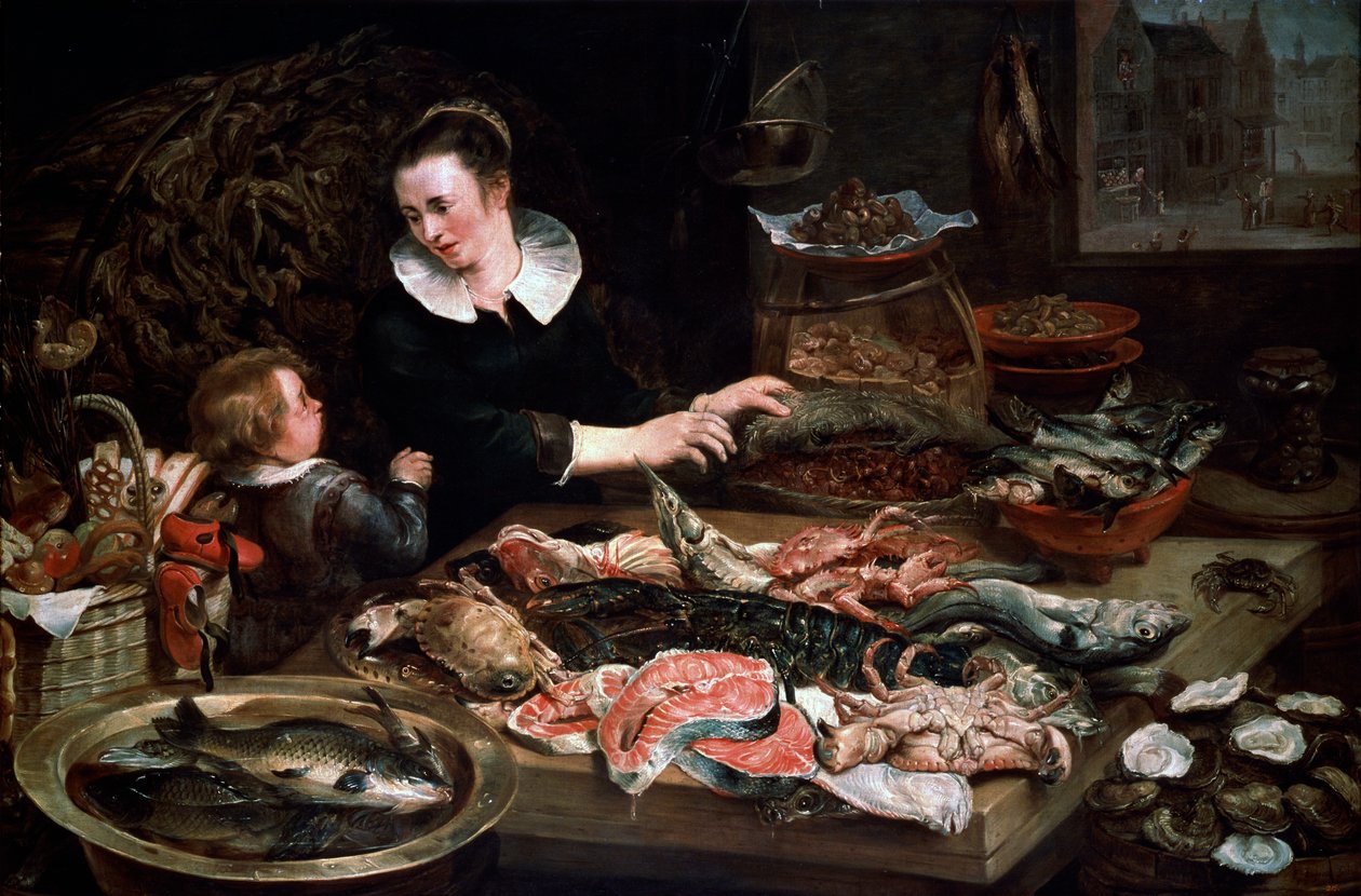 Una tienda de pescaderos de Frans Snyders or Snijders