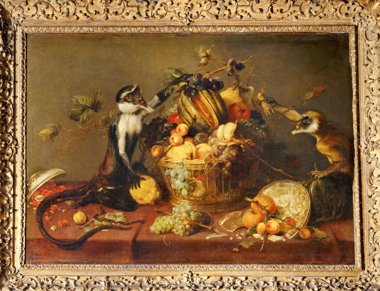 Dos monos asaltando una cesta de fruta ... de Frans Snyders