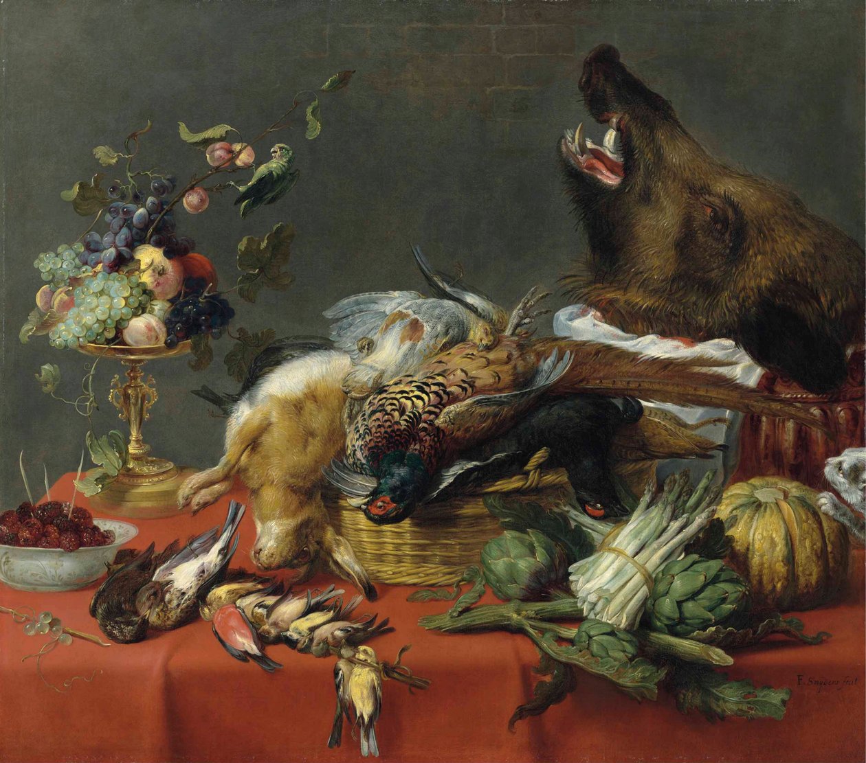 Mesa drapeada cargada de caza, frutas, verduras y una cabeza de jabalí. de Frans Snyders