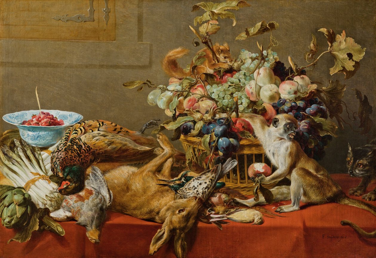 Bodegón con fruta, caza muerta, verduras, un mono vivo, una ardilla y un gato de Frans Snyders