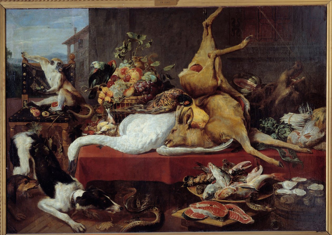 Naturaleza muerta con caza (faisán, ganso, ciervo), trozo de pescado, cangrejo, legumbres de Frans Snyders
