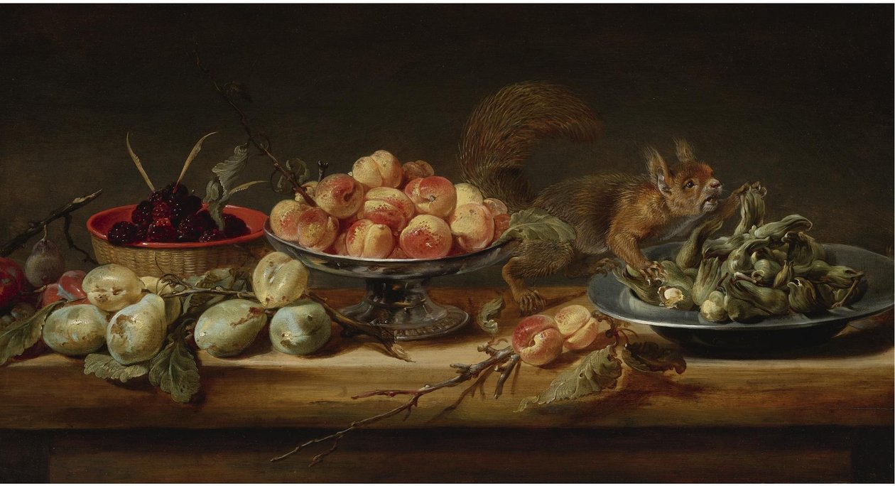 Bodegón con melocotones en una Tazza, avellanas en un plato de peltre, frambuesas en una cesta, con peras y una ardilla sobre una mesa
óleo sobre tabla de Frans Snyders