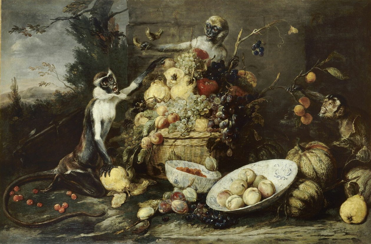 Tres monos robando frutas, con vista a un paisaje de Frans Snyders