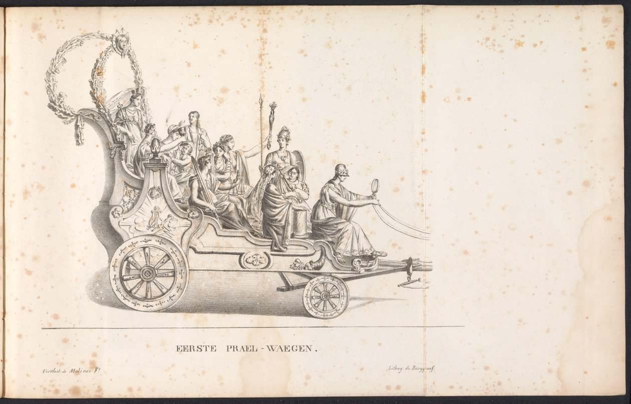 Primera carroza en la procesión de San Rumbold, 1825 Primer Prael-waegen (título sobre objeto) de Frans Vervloet
