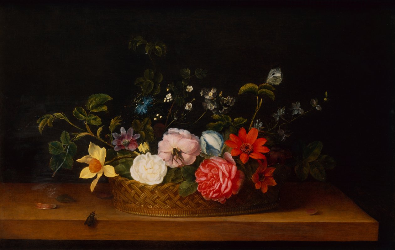 Flores en una cesta con insectos en un borde de Frans Ykens