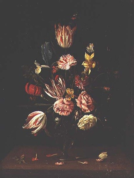 Tulipanes, rosas, un iris y un narciso de Frans Ykens