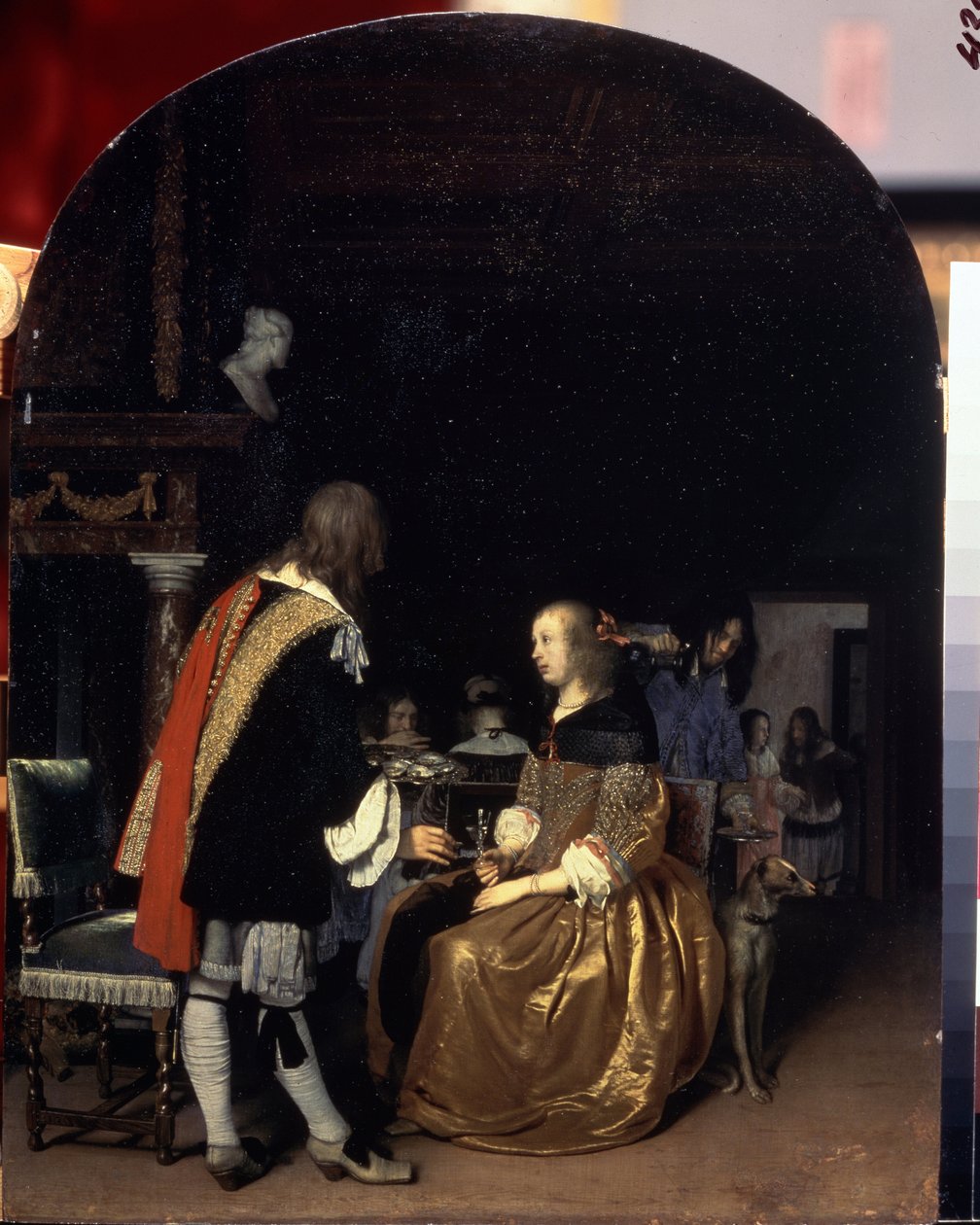 La comida de ostras. La comida de la ostra. Una mujer con ropa holandesa acompañada por un perro con una copa de vino blanco en la mano discute con un hombre que sostiene una ostra. Se coloca una fuente de ostras sobre la mesa, detrás de la cual un hombre  de Frans van Mieris