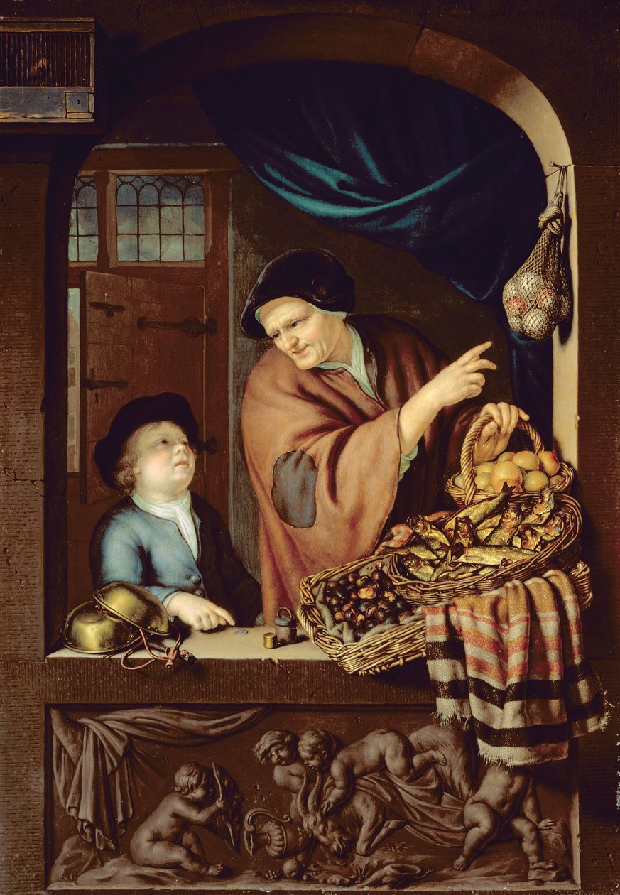 El vendedor de castañas y arenques de Frans van Mieris
