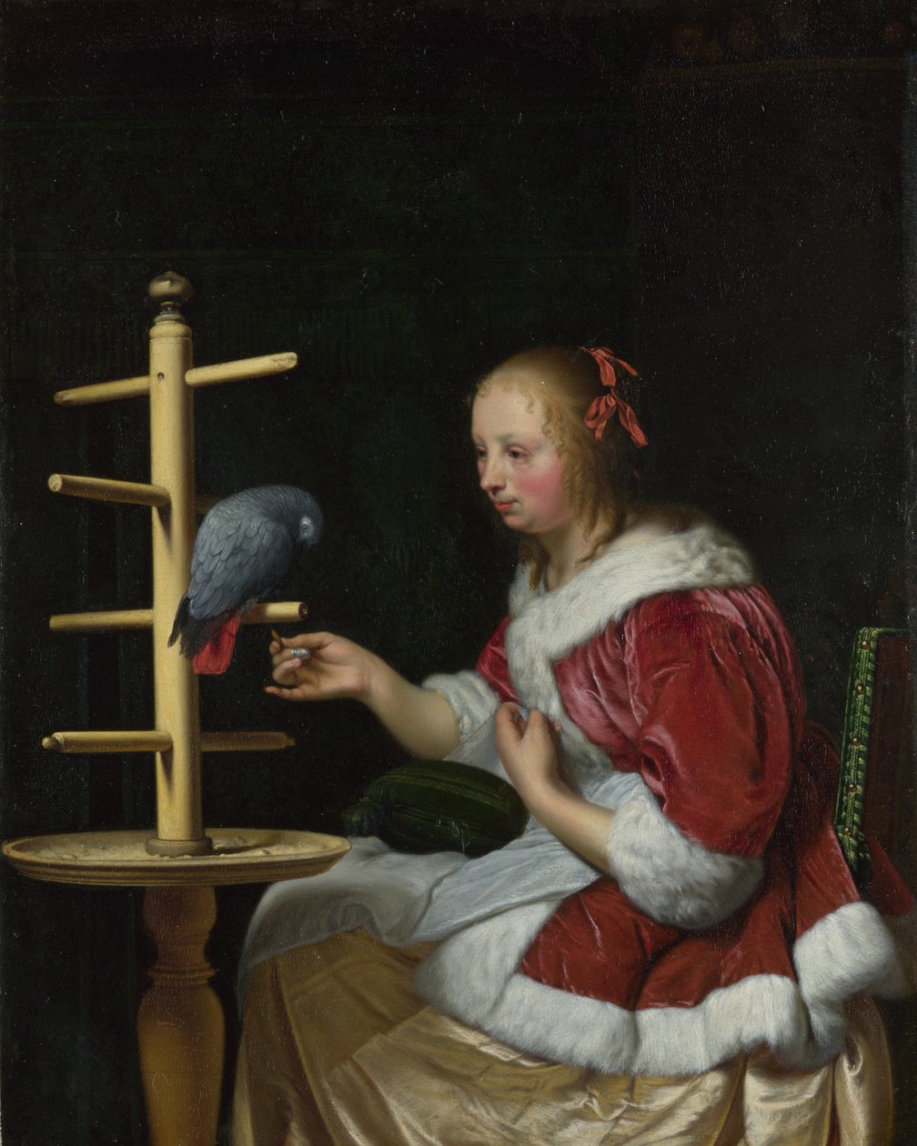 Una mujer con chaqueta roja alimentando a un loro de Frans van Mieris the Elder