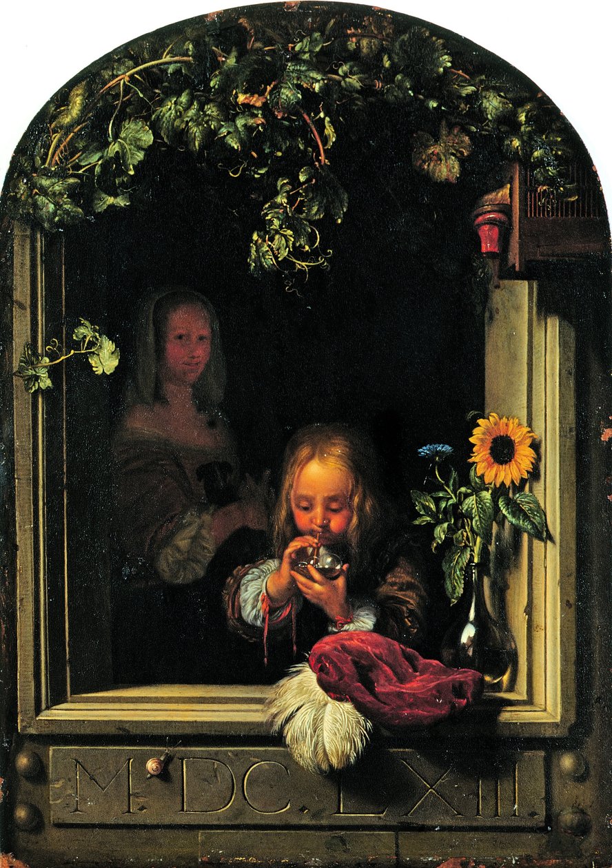 Niño soplando burbujas de Frans van Mieris the Elder