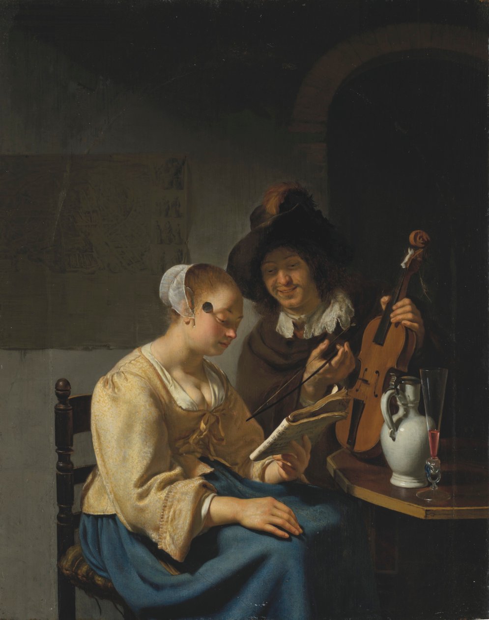 Mujer con partituras y hombre con violín de Frans van Mieris the Elder