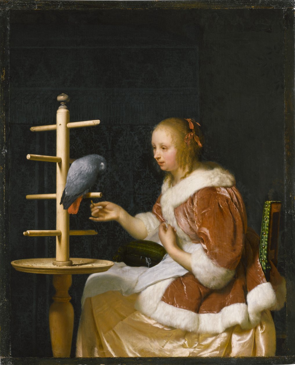 Joven Mujer Alimentando a un Loro, 1663 de Frans van Mieris the Elder