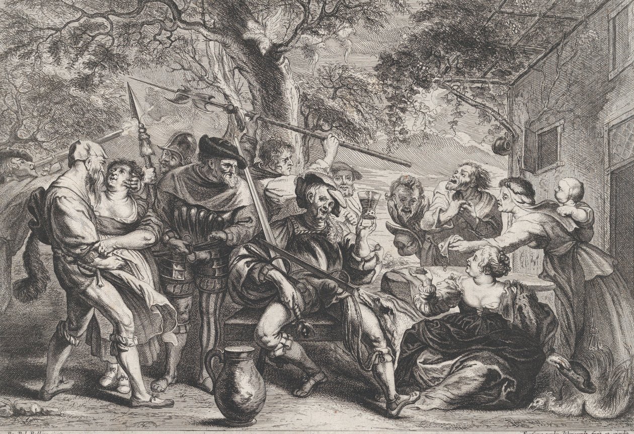 Don Quijote y tropas de La Santa Hermandad fuera de una taberna de Frans van den Wyngaerde