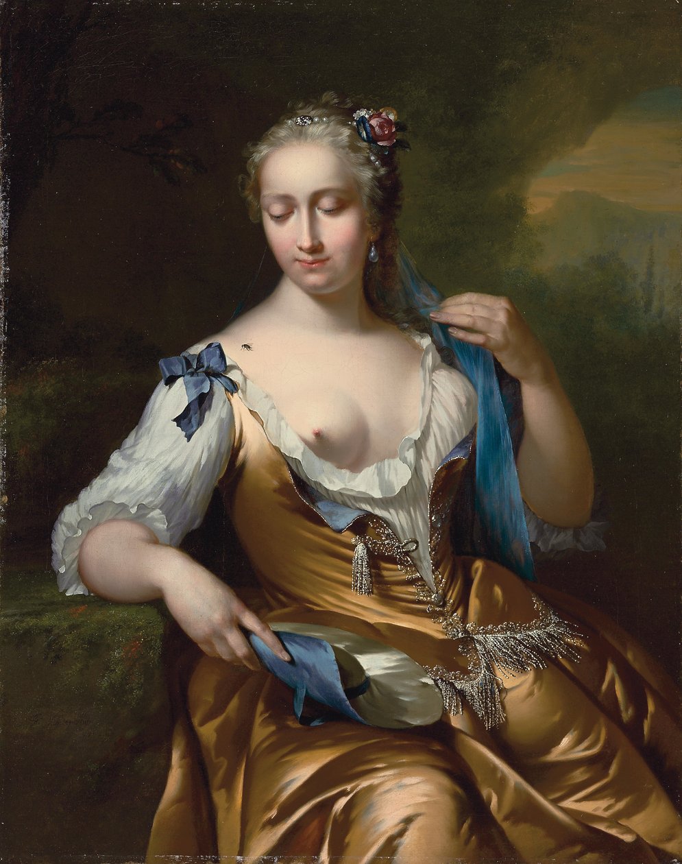 Dama en un paisaje con una mosca en el hombro: una alegoría del tacto, 1742 de Frans van der Mijn