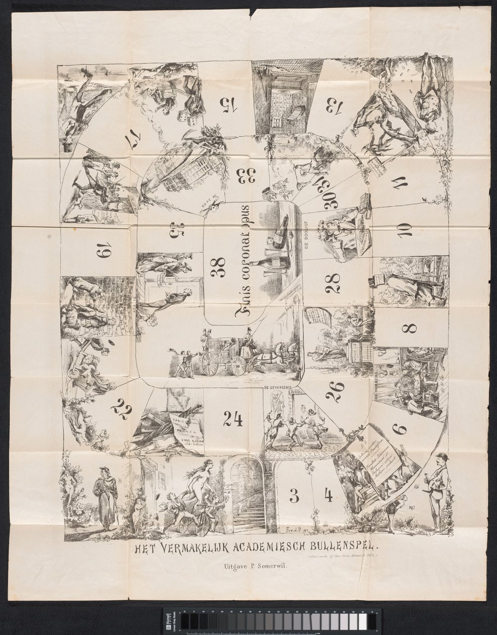 Caricatura en el almanaque estudiantil de Leiden, 1874 El entretenido juego de matones académicos (título sobre el objeto) de Fransen van de Putte