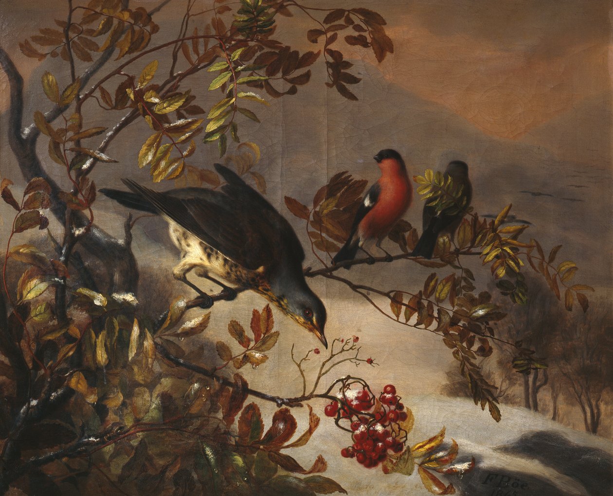 Pájaros en una ramita de serba de Frants Diderik Boe