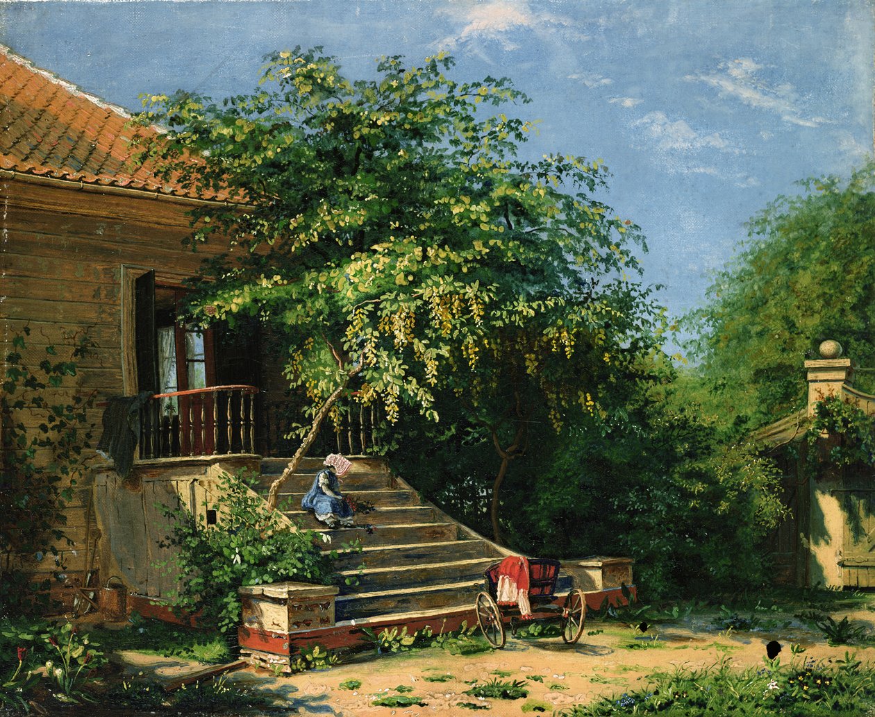 Escalera de jardín junto al estanque de Blege (óleo sobre lienzo) de Frants Diderik Boe