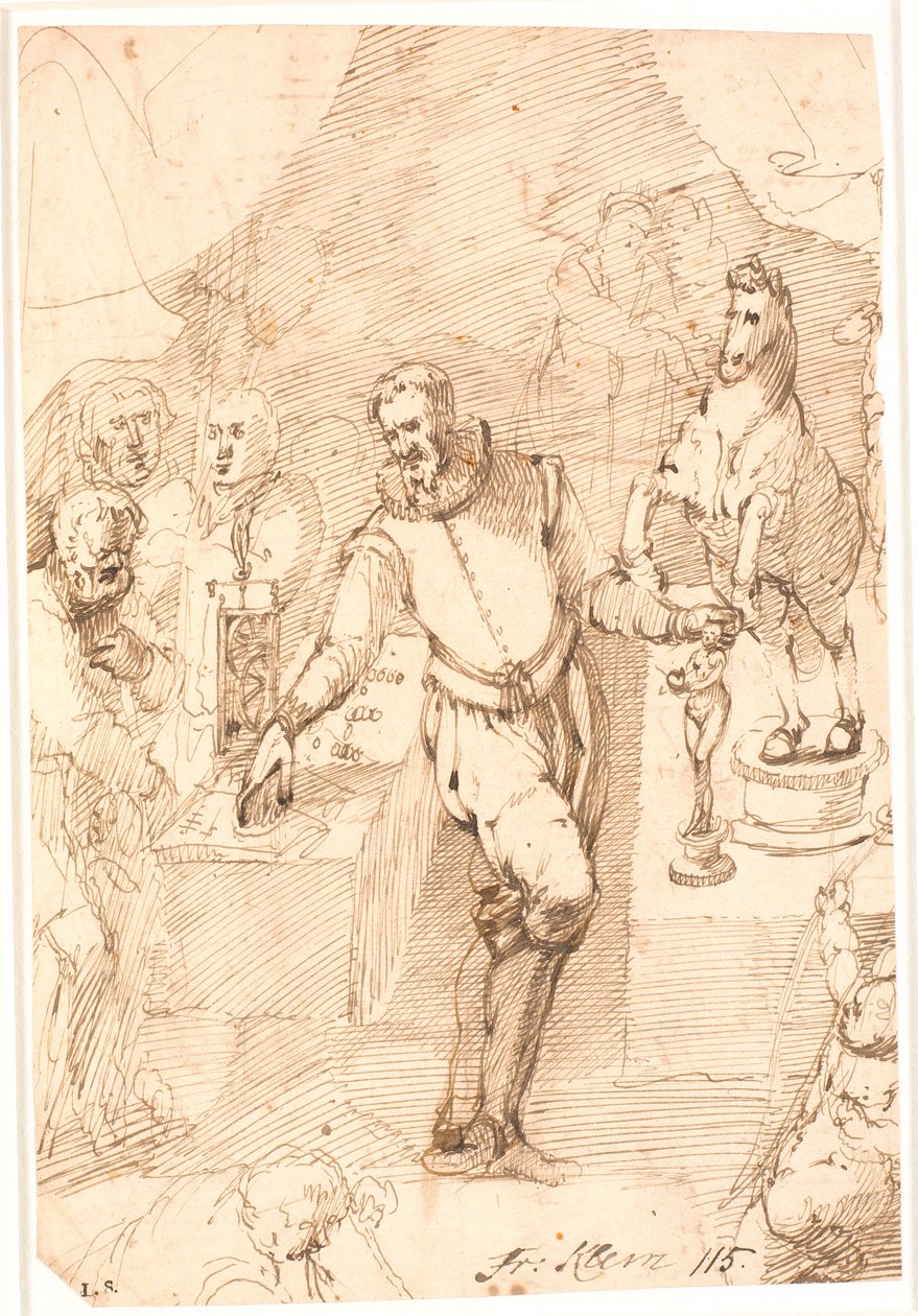 Hombre de pie con traje del siglo XVI, en una habitación, entre dos mesas con esculturas y un reloj, monedas, etc., y siete u ocho personas más de Frantz Cleyn