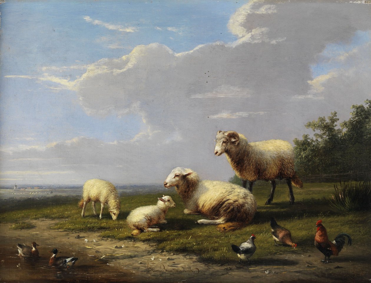 Amplio paisaje primaveral con ovejas, gallinas y patos de Franz van Severdonck