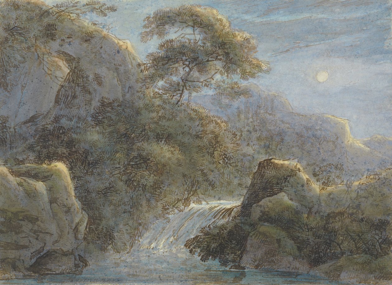 Cascada en las montañas a la luz de la luna de Franz Innocenz Kobell