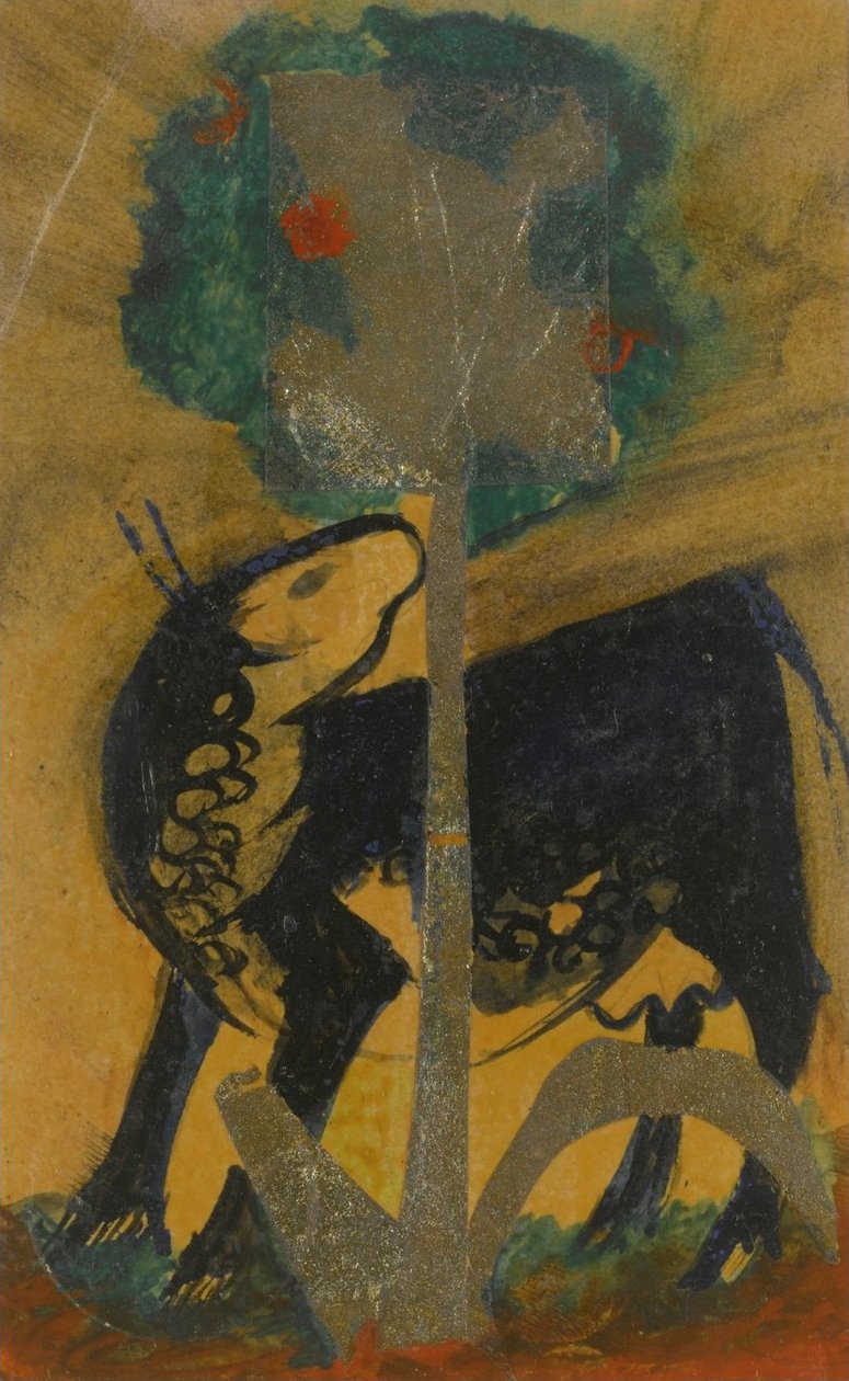 Vaca negra detrás del árbol de Franz Marc