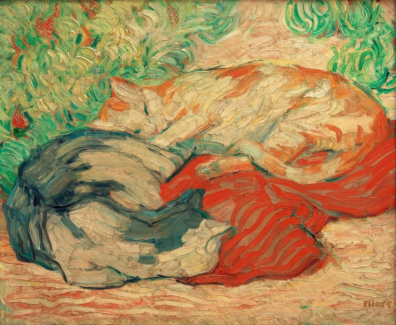 Gatos sobre tela roja | Franz Marc | Impresión de arte