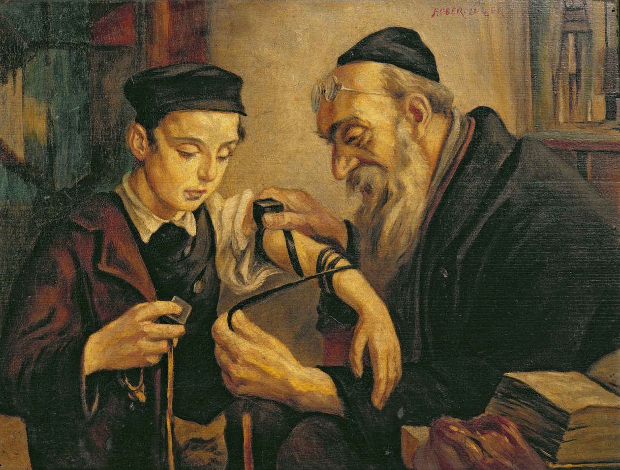 Un Rabino atando los Filacterios al brazo de un niño de Franz Obermüller