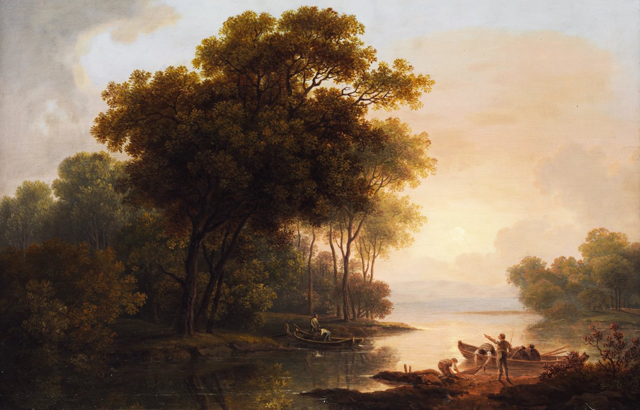 Paisaje arbóreo con vista a una orilla del lago en luz crepuscular de Franz Scheyerer