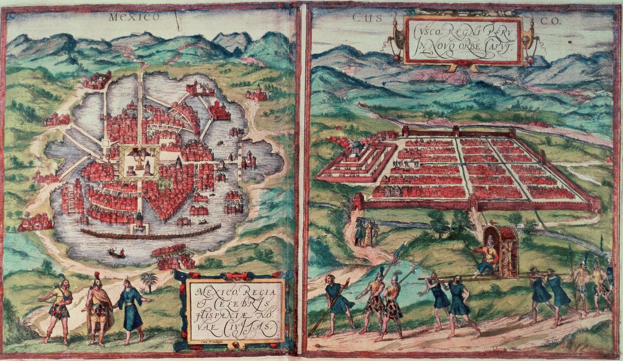 Planos de la Ciudad de México, México y la Ciudad del Cusco, Perú, del "Voyage Pittoresque" de Carl Nebel (grabado en color) (ver 141102) de Franz (after) Hogenberg