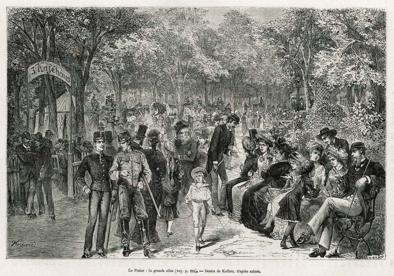 El Prater: el gran paseo. Grabado por Kollarz, para ilustrar la historia Viena y sus suburbios, por M. Newlinski, en 1881, publicado en el Tour du monde, bajo la dirección de Edouard Charton (1807-1890) de Franz (after) Kollarz