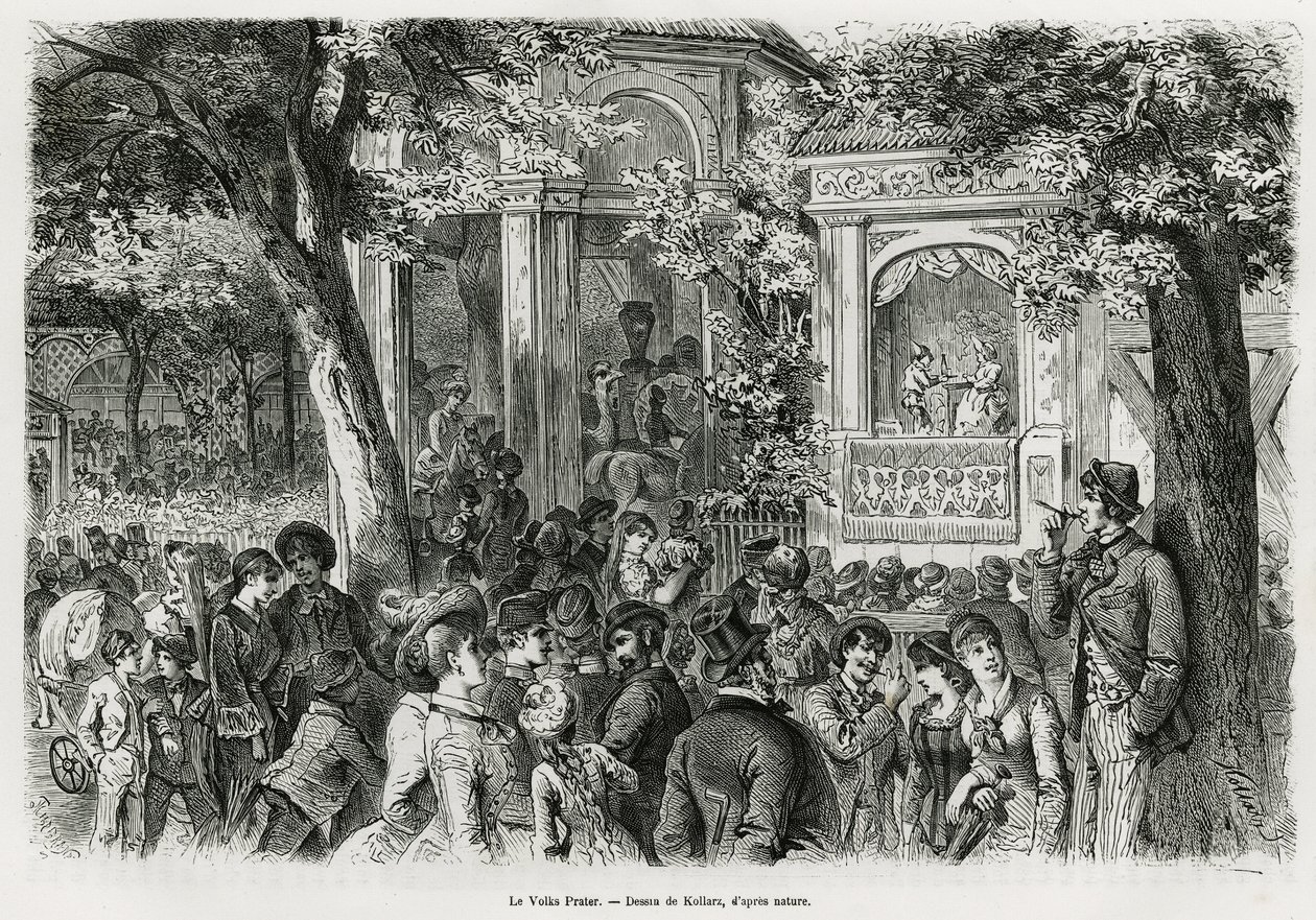 El Volks Prater: parte popular del prater principal, que ofrece numerosas distracciones, circo, orquesta y espectáculo de marionetas. Grabado de Kollarz, para ilustrar la historia Viena y sus suburbios, por M. Newlinski, en 1881, publicado en el Tour du mo de Franz (after) Kollarz