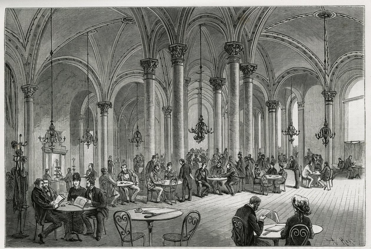El café central en Viena (Austria). Ilustración de la historia Viena y sus suburbios, por M. Newlinski, en 1881, publicado en Le tour du monde, bajo la dirección de Edouard Charton (1807-1890) de Franz (after) Kollarz