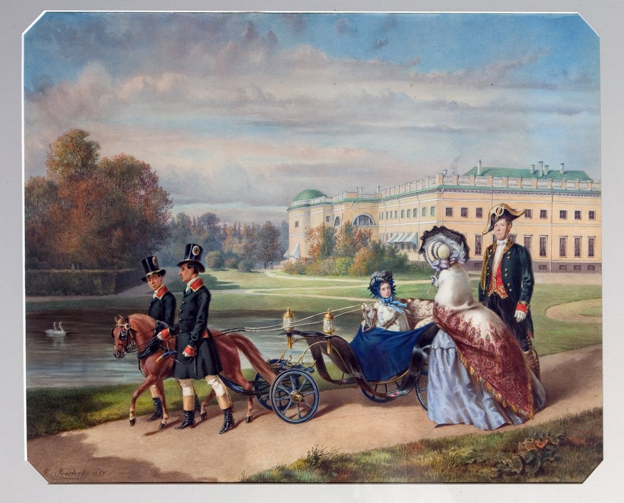 El paseo de la Gran Duquesa María Alexandrovna de Rusia (1853-1920). En un pequeño tiro tirado por un poni, pasea por el parque de Tsarkoye Selo, residencia de verano de la familia imperial en San Petersburgo. Obra de Franz Teichel (1816 de Franz (after) Teichel