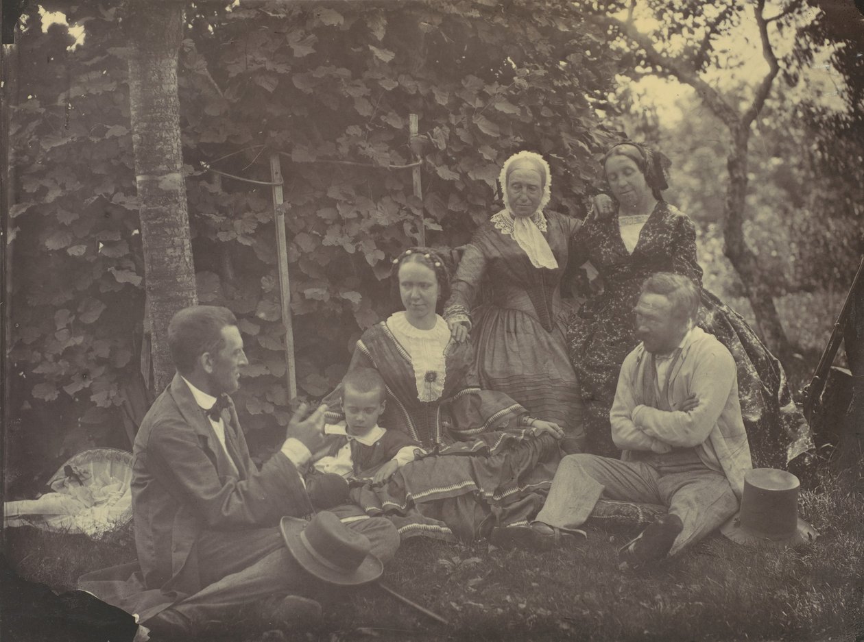 [Tres mujeres, dos hombres y un niño en un picnic], 1850s-60s de Franz Antoine