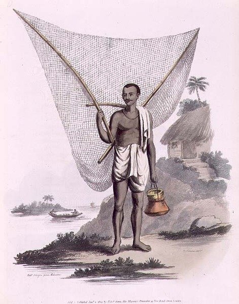 Un pescador indio, grabado por Thomas Vivares, publicado por Edward Orme de Franz Balthazar (after) Solvyns