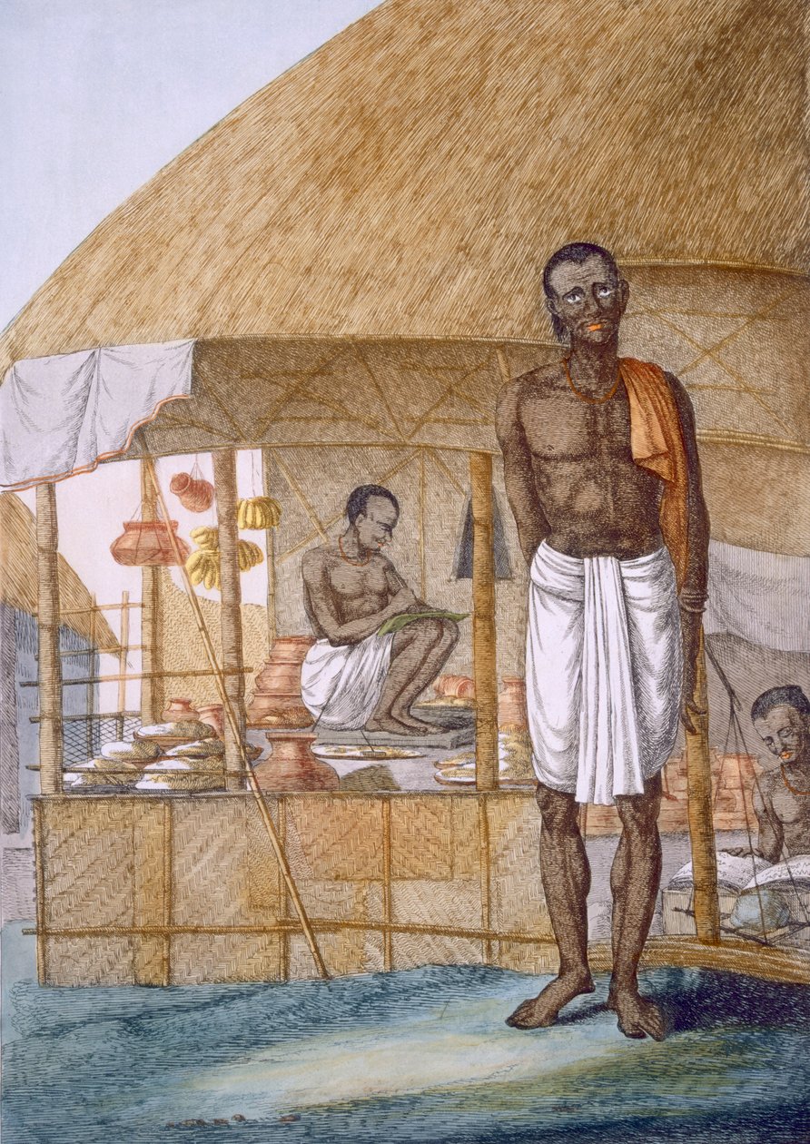 Tendero vendiendo ollas, plátanos y granos, de 