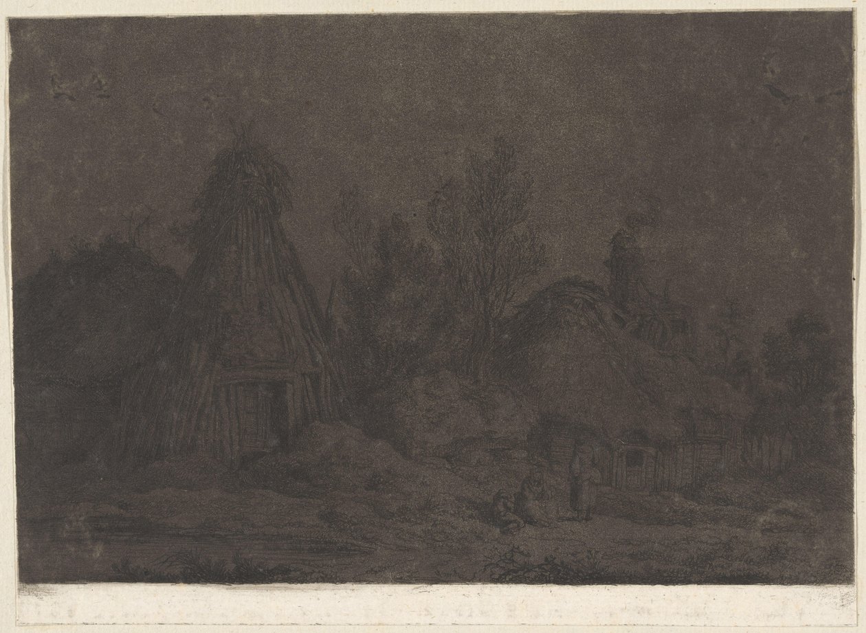 Escena a la luz de la luna con figuras delante de una cabaña
XII Vues de la Normandie (título de la serie) de Franz Edmund Weirotter