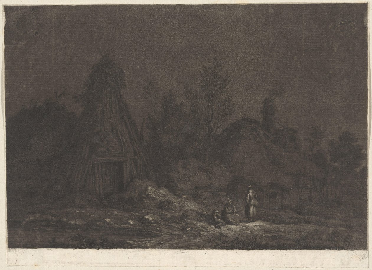 Escena a la luz de la luna con figuras delante de una cabaña
XII Vues de la Normandie (título de la serie) de Franz Edmund Weirotter