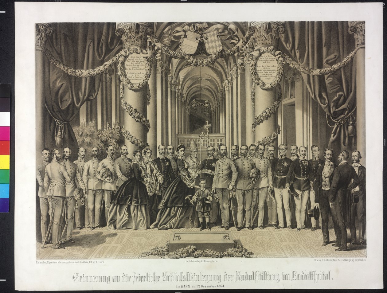 Recordatorio en la ceremonia de colocación de la lápida de la fundación Rudolf en el Rudolfspital 1864 (litografía) de Franz Gerasch
