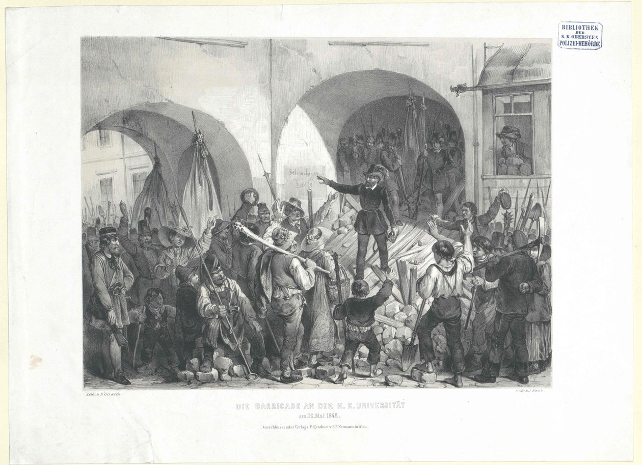 La barricada en la universidad k. k. el 26. Mayo de 1848 (litografía) de Franz Gerasch