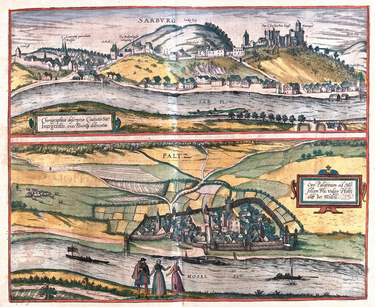 Vista precisa de la ciudad de Saarburg y la ciudad de Pfaltz an der Mosel, Alemania de Franz Hogenberg